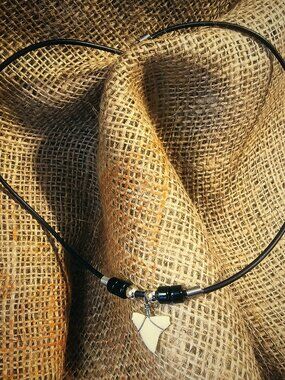 Shark Tooth Necklace Wire Wrapped White Pendant Black Rubber Cord 18 Inch